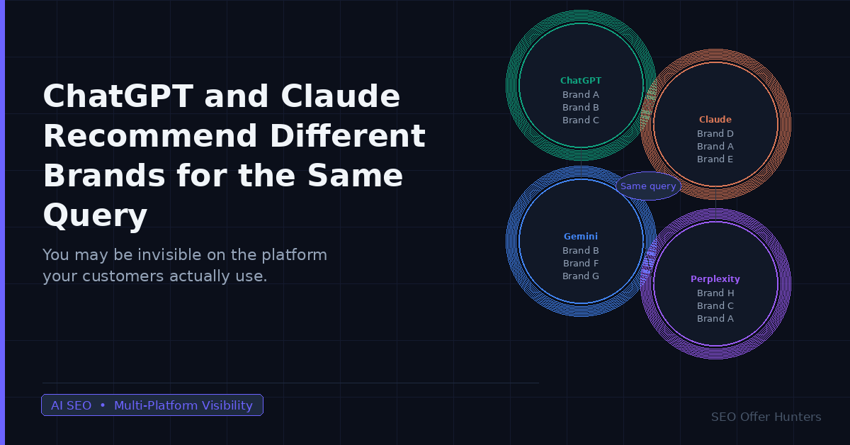 ChatGPT, Claude, Gemini, and Perplexity showing different brand recommendations for the same search query, highlighting the need for AI SEO and GEO visibility.