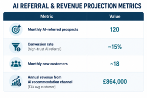 AI-referred prospects, conversion rate, monthly new customers, and projected annual revenue from AI recommendations