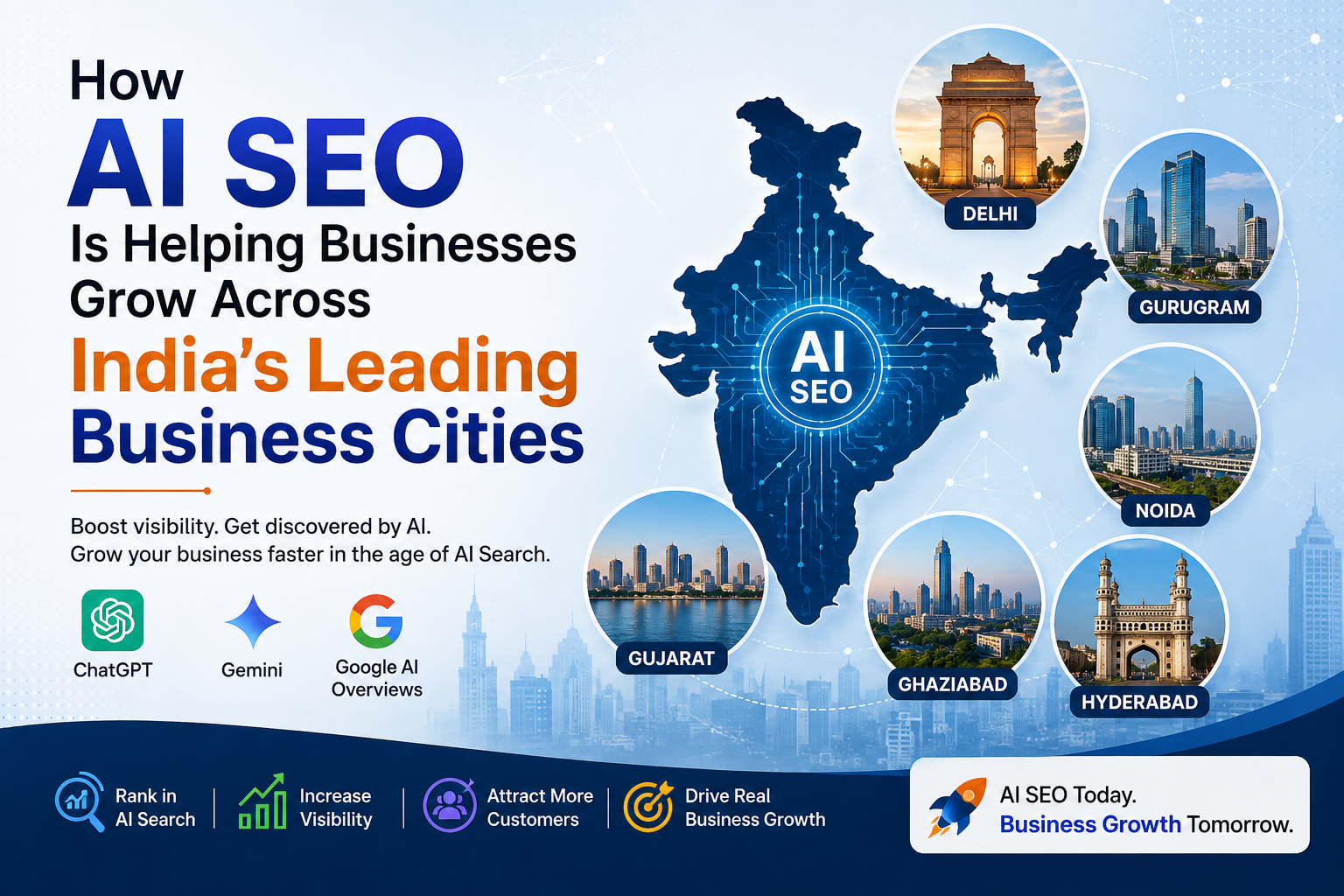 Illustration showing how AI SEO helps businesses in Ghaziabad, Noida, Delhi, Gujarat, Chandigarh, and Gurugram improve visibility in ChatGPT, Gemini, and Google AI Overviews.