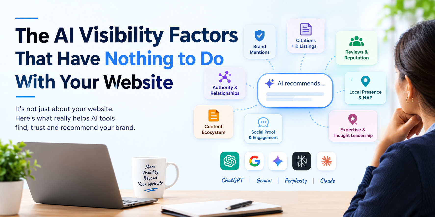 AI visibility factors beyond your website, including brand mentions, citations, reviews, authority, social proof, and local presence.